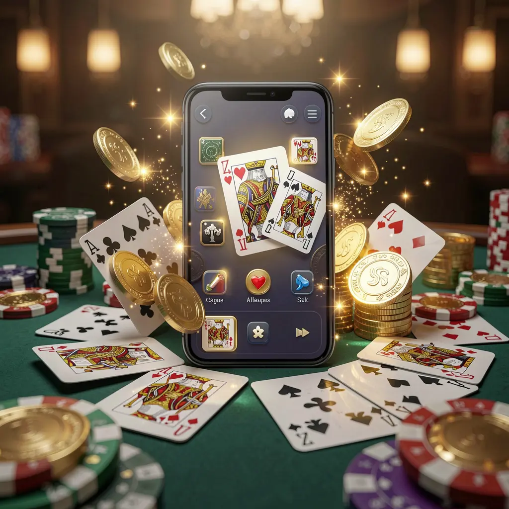 Conceito de aplicativo móvel de jogos KKK58 apresentando um smartphone cercado por cartas de baralho, fichas de roleta, moedas de ouro e luzes cintilantes em um estilo de cassino premium