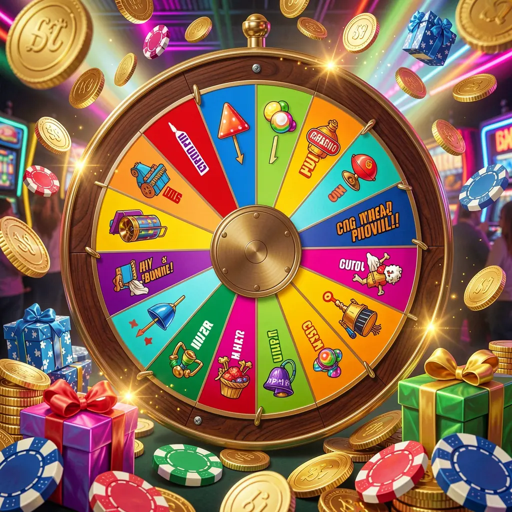 Roda de bônus do cassino KKK58 com seções coloridas de prêmios cercada por moedas douradas, fichas e caixas de presente sob luzes neon brilhantes de cassino em uma composição dinâmica