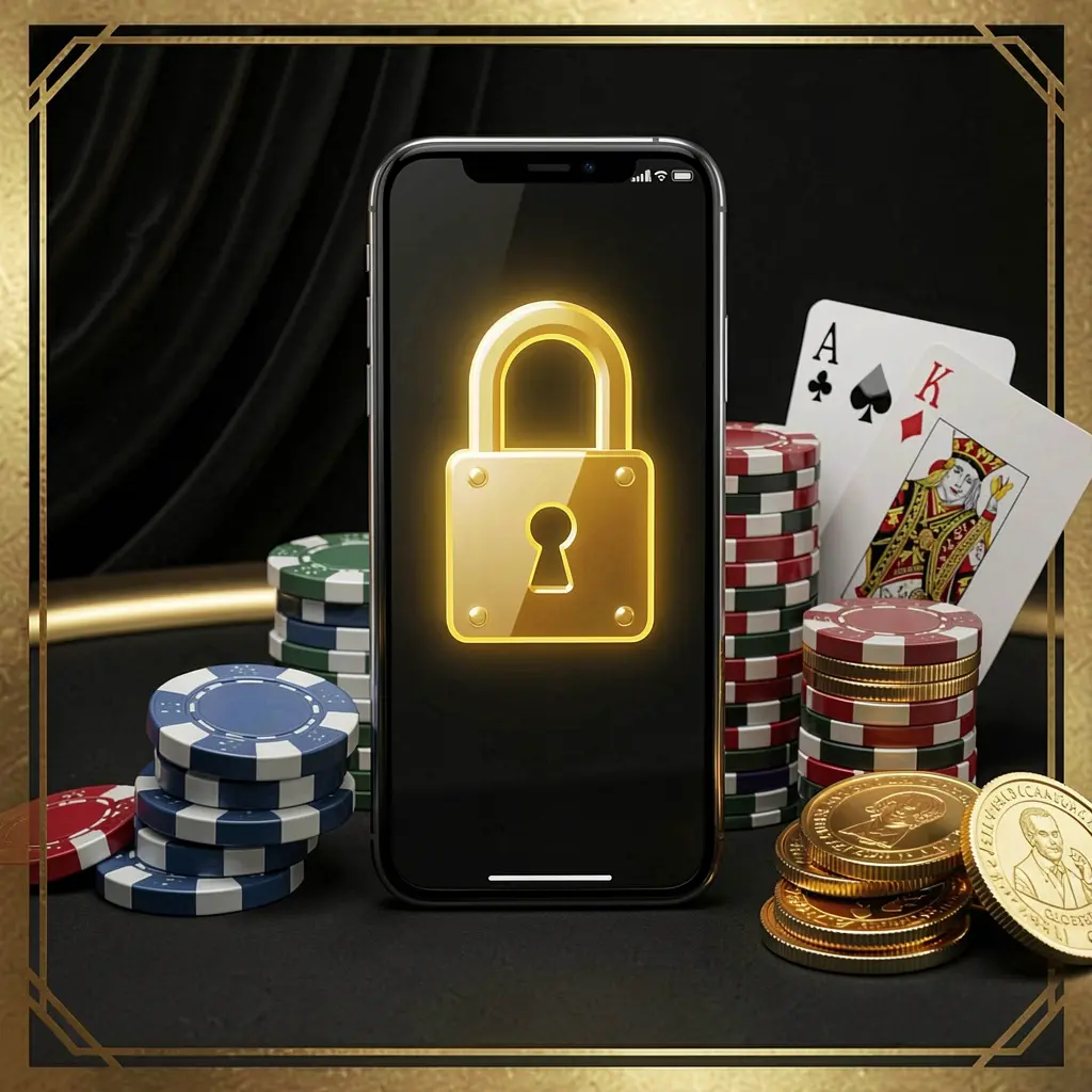 Conceito de login seguro na conta do cassino KKK58 apresentando um ícone de cadeado brilhante na tela de um smartphone cercado por fichas de pôquer, cartas de baralho e moedas douradas contra um elegante fundo preto e dourado