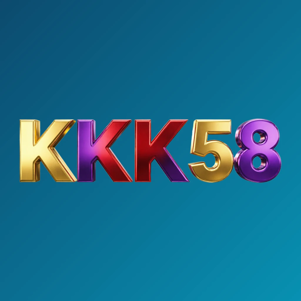 Logotipo premium brilhante KKK58 com tipografia maiúscula espessa em cores vibrantes dourado, vermelho e roxo, apresentando um acabamento metálico polido e forte impacto visual sobre um fundo transparente, projetado como uma marca nominativa retangular horizontal ampla para o cabeçalho de um site