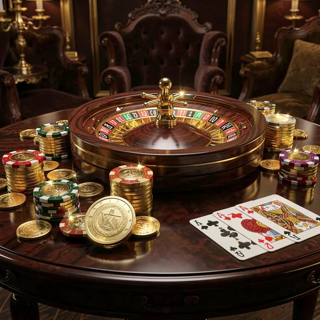 Banner de cassino online premium KKK58 apresentando moedas douradas, fichas brilhantes, roda de roleta e cartas sobre uma mesa brilhante com um elegante fundo escuro em uma renderização 3D realista de alta definição